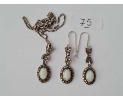 A vintage pair of opal silver drop earrings and matching silver necklace 13g inc