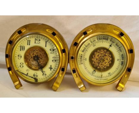A decorative Victorian brass mantel clock/barometer in form of double horseshoe. 5" high.