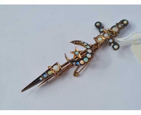 A Victorian fine opal sword moon and star brooch set in gold and silver - 6.2 GMS