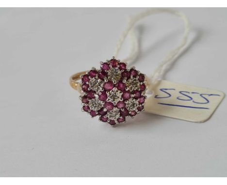 A fancy ruby and diamond multi cluster ring size R 9ct - 3.5 gms 