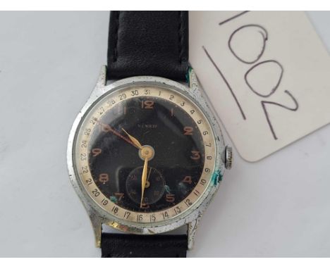 A gents wrist watch with black face by Neker with seconds dial and sweep poor order 