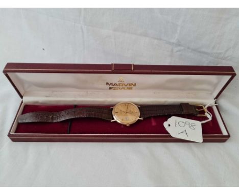 A good gents Marvin Revue wrist watch on leather strap 9ct with seconds sweep and date aperture 