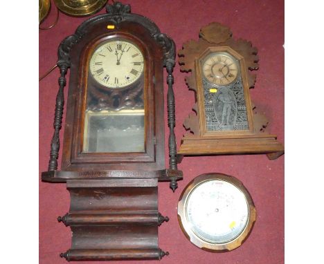 A late Victorian figured walnut and tunbridge inlaid arched droptrunk wall clock; together with a gingerbread mantel clock; a