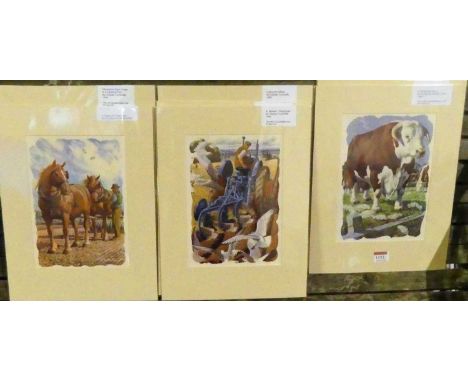 Charles Tunnicliffe - Hereford Bull, print, 25x18cm, together with nine other Tunnicliffe unframed but mounted prints