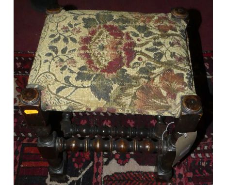 An early 20th century bobbin turned oak square dressing stool, width 34cm