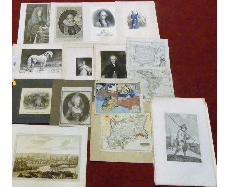 Assorted unframed prints and engravings, to include map of Middlesex, topographical views, portrait studies etc