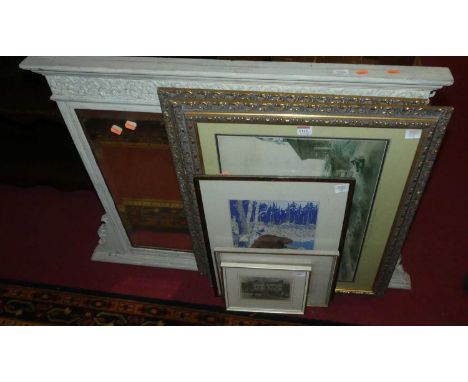 An Edwardian and later painted over mantel mirror, width 102cm, together with topographical engravings, AJ Casson screen prin