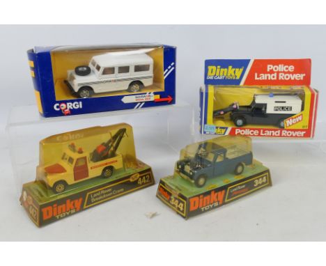 Dinky - Corgi - Unsold Shop Stock - 4 x boxed Land Rover models, Breakdown Truck # 442, Pickup # 344, Police # 277 and a spec