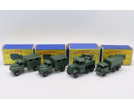 Matchbox - Unsold Shop Stock - 4 x military models, General Service Truck # 62, Scammell Breakdown Truck # 64, 2 x Austin Wir