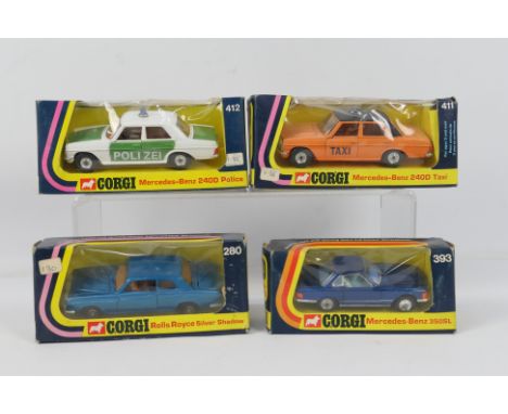 Corgi - 4 x boxed cars, Rolls Royce Silver Shadow 2 door # 280, Mercedes 350 SL # 393, Mercedes 240D Taxi # 411 and Mercedes 