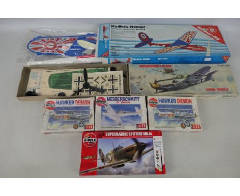 Airfix - Lindoe - Fischer-Fly - 6 x boxed aircraft models kits including Kadett-Kombi # 2330, Messerschmitt Bf109E # 031, 2 x