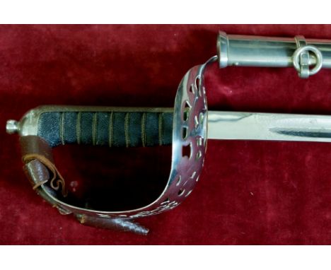 A 19th century officers dress sword with pierced hand guard, shagreen handle and replaced blade and scabbard, blade 82cm 