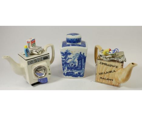A blue and white tea caddy and two novelty teapots