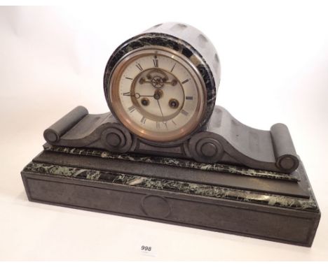 A large Victorian slate and marble mantel clock with visible escapement, 50cm wide 