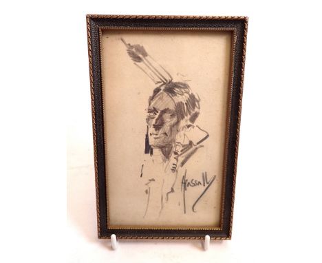 A pencil sketch of a Native American, 16 x 10cm