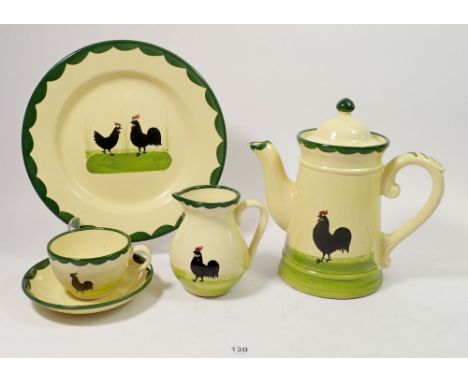 A Zeller Keramik breakfast set decorated cockerel comprising: coffee pot, six plates, seven bowls, three jugs, five egg cups,
