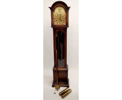 A 1930's three train oak longcase clock with brass face, Westminster, St Michael and Whittington chimes 193cm tall 