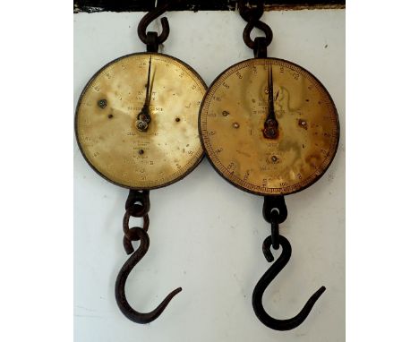 Two old Salter spring balance scales with brass face 