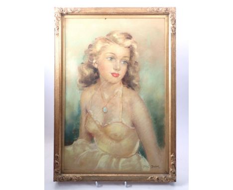 Jacques Dumeyniou (Jac Dum) - pastel portrait of a 1950's young woman in revealing yellow dress, 40 x 27cm