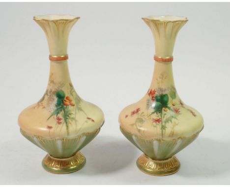 A pair of Royal Worcester ivory blush vases painted flowers, No 1538, 18cm tall 