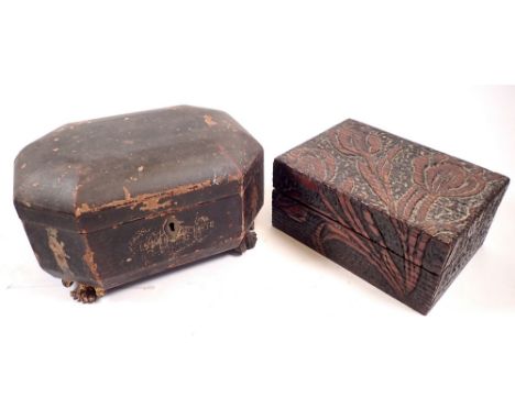 A Victorian carved and pokerwork box decorated tulips, 19cm wide and a 19th century chinoiserie lacquer tea caddy, a/f 