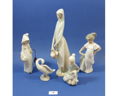 A Lladro lady with basket of fruit, girl with umbrella, child with lamb, geese and Nao girl, very dirty, the umbrella slightl