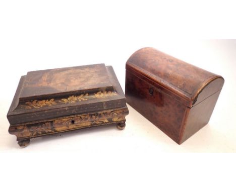 A Victorian burr walnut dome top tea caddy, 18cm wide and a 19th century Chinoiserie box, 22cm wide and a Victorian daguerreo