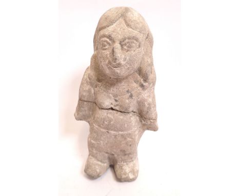 A pre-Columbian stone figure of a woman, repaired, 18cm 