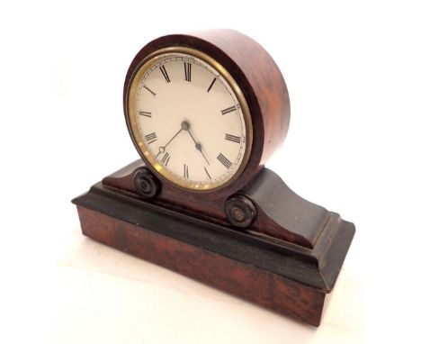 An early 19th century burr walnut and ebony circular face mantel clock, 18cm tall 