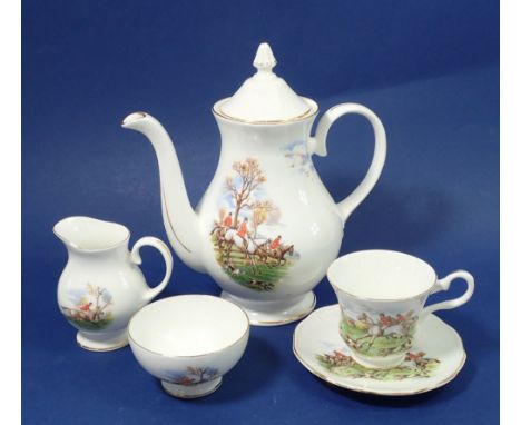 A Royal Kendall coffee set printed hunting scenes comprising: coffee pot, six cups and saucers, milk and sugar