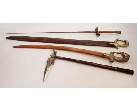 Two 20th century Indian Maharashtra style swords, a fencing sword and an Indian Zaghual battle axe 