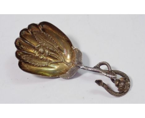 A Victorian silver caddy spoon with flower embossed to shell bowl and entwined flower and stem terminal, Birmingham 1899, by 