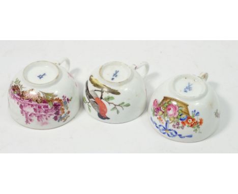 Three Meissen tea cups painted bullfinch, flowers and landscape - no saucers 