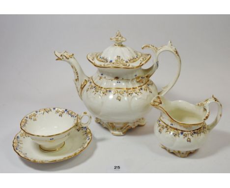 A Victorian tea and dessert service with blue and gilt decoration comprising: teapot (base a/f), covered sugar, slop bowl, ju