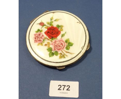 A silver and enamel compact decorated roses, chipped 