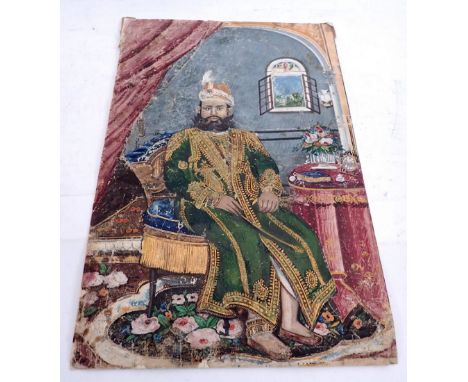 An Indian watercolour and gilt portrait of Maharaja seated in his robes, unframed, 33 x 22cm 