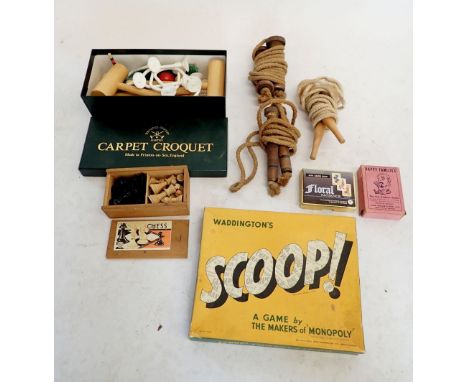 A boxed Townsend carpet croquet set together with other games, complete wooden chess set, three vintage wooden skipping ropes