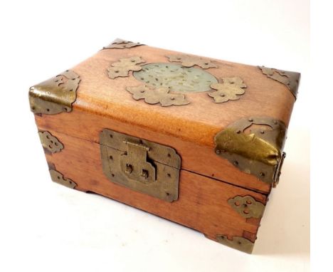 An Eastern wooden box with brass mounts and stone inlaid panel, 21 x 14 x 10cm 