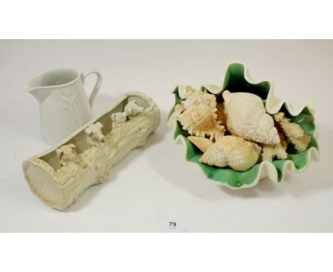 A shell form dish and contents of shells, a white posy trough with pigs and a Worcester jug