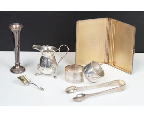 Assorted mixed silver hallmarked items to include an engine turned cigarette case (hallmarked Birmingham 1936), silver spill 
