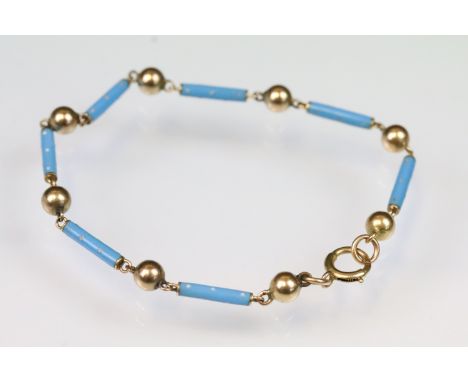19th Century Victorian gold and enamel ball and bar link bracelet, each spacer link being blue enamelled with a spring ring c