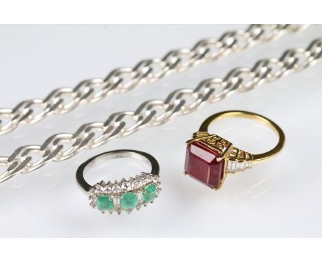 Group of silver jewellery to include a gold plated ruby and white stone ring (marked 925, size N.5), a silver emerald and whi