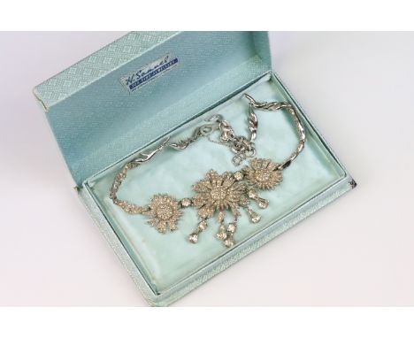 Christian Dior - 1950s vintage Mitchel Maer for dior white metal floral collar necklace being set with white paste stones and