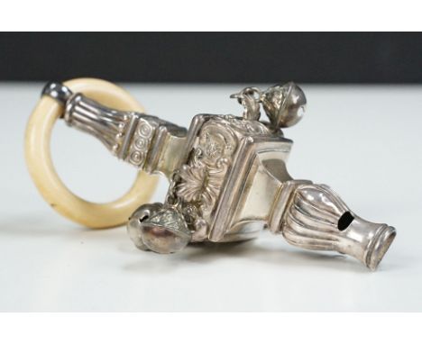 Early 20th Century Edwardian silver hallmarked rattle with whistle to the top, bells to centre and bone teething ring. Hallma
