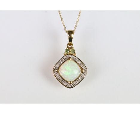 9ct gold opal and diamond pendant necklace. The necklace having a opal square cabochon to centre surrounded by diamond accent