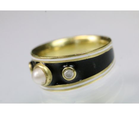 Pearl, diamond and enamel ring being bezel set with a half pearl to centre flanked by two round brilliant cut diamonds within