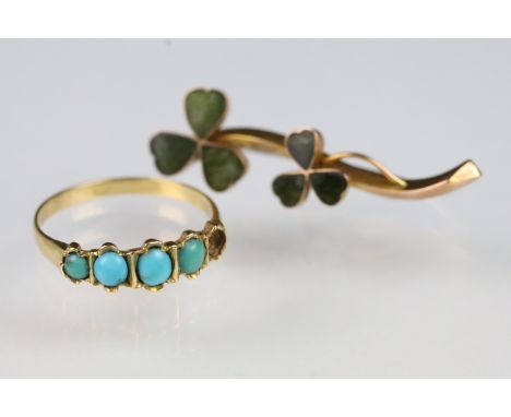 18ct gold and turquoise ring (one stone missing, marked 18ct) together with a Victorian 9ct gold shamrock brooch set with gre
