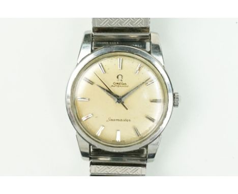 Omega seamaster automatic wrist watch having a round face with baton markers to the chapter ring on an expandable bracelet st