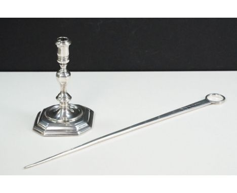 1940s silver hallmarked Irish silver candle stick (hallmarked Dublin 1945) together with a Georgian game skewer (hallmarked L