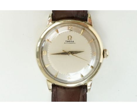 Vintage Omega Automatic gold filled wrist watch having arabic and baton numerals to the chapter ring set to a leather Omega s